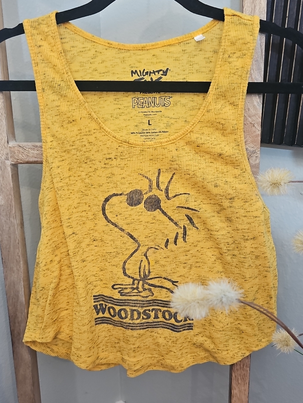Peanuts Woodstock Yellow Ribbed Tank Top w/Distressed Graphic of Woodstood